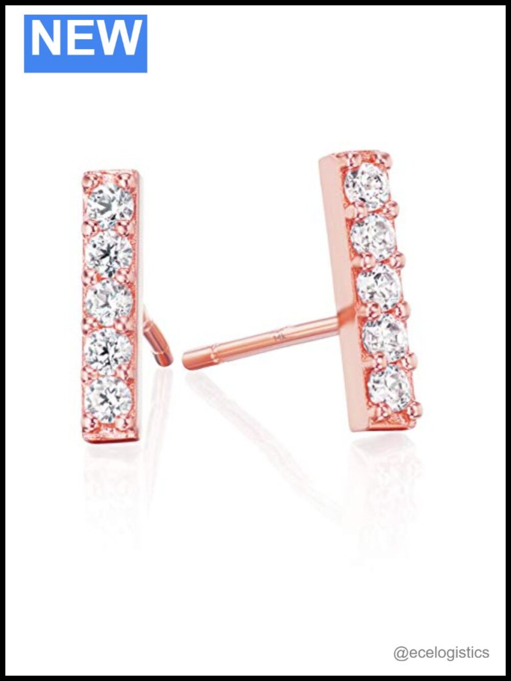 14K Solid Gold Cubic Zirconia Pave Mini Bar Stud Earrings